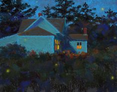 a painting of a blue house with trees in the foreground and lights on at night