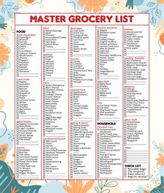 the master grocery list is shown in red and blue with orange flowers on white background