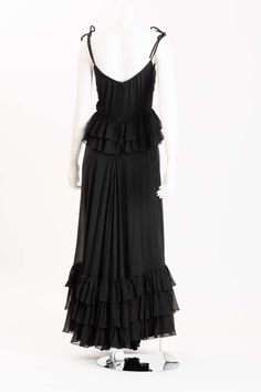 For Sale on 1stDibs - Luxurious Valentino Boutique black silk evening gown with tiered ruffles, sweeping hemline and hand beaded and embroidered bodice. Two ruffles at bodice Evening Tiered Gown With Ruffled Skirt, Elegant Tiered Ruffle Gown, Tiered Ruffled Evening Dress, Tiered Ruffle Evening Dress For Gala, Tiered Ruffled Skirt Evening Dress, Evening Floor-length Maxi Dress With Ruffled Skirt, Floor-length Ruffled Maxi Dress For Evening, Elegant Evening Gown With Tiered Skirt, Elegant Tiered Evening Gown