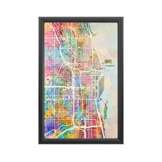 a framed map of the city of minneapolis, minnesota in multi - colored colors and black frame