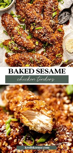 baked sesame chicken tenders on a white plate