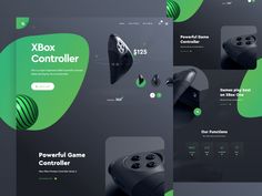 the xbox controller is shown in three different screens, including one with green and black accents