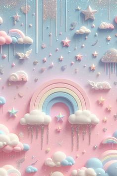 a pink and blue background with stars, clouds, and a rainbow