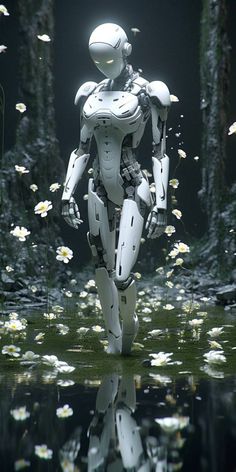 a white robot walking across a field of flowers