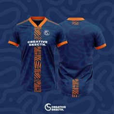 the front and back of a blue soccer jersey with orange trimmings on it