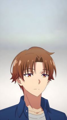 an anime character with brown hair and blue shirt looking at the camera while he is staring straight ahead