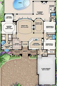 the floor plan for this house is very large and has an outdoor swimming pool in it