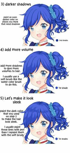 an anime character's face and hair styles for different types of blue hair, with the