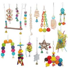 many different types of beaded items are hanging from hooks and chains on a white background