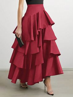 Burgundy Elegant Collar  Woven Fabric Plain Layered/Tiered Embellished Non-Stretch  Women Clothing Layered Long Skirt, Tiered Skirt Outfit, Ruffle Long Skirt, Long Chiffon Skirt, Chic Evening Dress, Black Romper Shorts, Godet Skirt, Long Skirt Fashion, Plus Size Mini Dresses