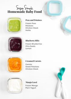 the ingredients for homemade baby food are displayed on a white surface with blue and green spoons