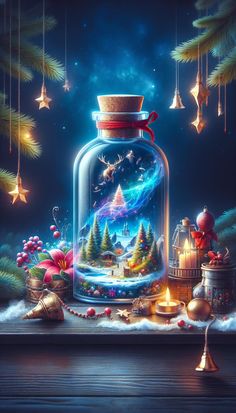 A magical winter scene inside a glass bottle, featuring a snow-covered landscape, trees, a reindeer, and festive decorations. Magical Winter, Winter Scene, In A Jar, Christmas Illustration, Landscape Trees, Christmas Bells, Winter Scenes, Festival Decorations, Glass Bottle