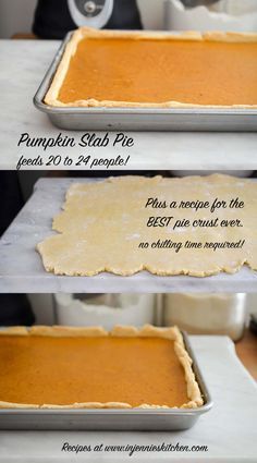 three pictures showing how to make pumpkin slab pies in the oven and before baking