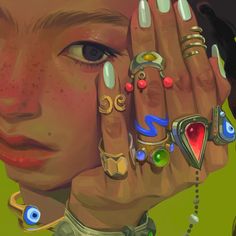 a painting of a woman holding her hands up to her face with rings on it