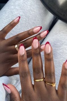 French Red Almond Nails, Cherry Tip Nails, Red Tip Acrylic Nails Almond, Red Tips Almond Nails, Almond Nails Colored French Tip, Almond Burgundy French Tip Nails, Deep Red French Tip Nails Almond, French Tip Almond With Design, Red French Tip Manicure