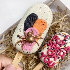 two decorated rocks with spider on them in a box