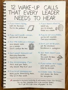 a notebook with the words 12 wake - up calls that every leader needs to hear