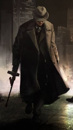 a man in a trench coat and hat walking down the street at night with a cane