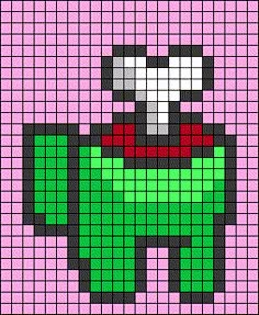 an image of a pixel art piece in pink, green and black colors with the shape of a cartoon character