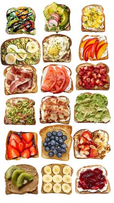 a bunch of different types of sandwiches with fruit and vegetables on them, all arranged in the shape of a grid