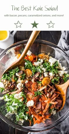 the best kale salad with bacon, pecans, caramelized onions, and more