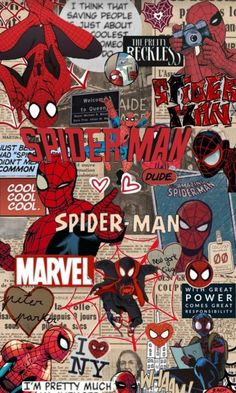 spiderman collage with many stickers on it