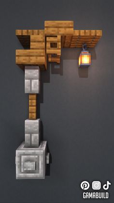 a lamp that is on the side of a wall next to a brick structure with a light in it