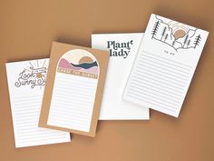 three notepads with lined paper on top of each one and the words plant lady above them