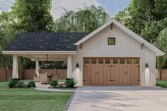 this is a computer rendering of a garage with attached carports and an attached porch