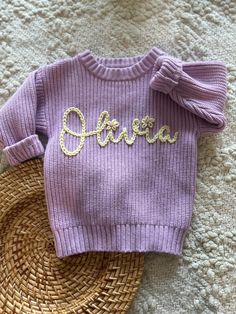 Personalized name sweater, custom embroidered name sweater, baby knit sweater Name is hand embroidered in color and font of your choice! Sweaters are perfect for milestone photos, announcements, gifts! Baby Sweater With Name, Embroidered Name Sweater, Name Sweater Baby, Sweater With Name, Baby Knit Sweater, Baby Name Sweater, Name Sweater, Milestone Photos, Pull Bebe