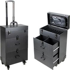 Make quite the bold statement when you roll around with this incredible makeup case. This fierce style has a faux leather surface. It has a telescoping handle, 360-degree wheels, and a lock and key system. Large Collection Of Makeup, Makeup Case With Wheels, Professional Makeup Case, Rolling Makeup Case, Gold Armor, Black Armor, Makeup Train Case, Makeup Training, Train Case