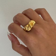 Chunky Gold Nugget Ring - This ring has a beautiful unique design, both stunning and super different from most other pieces. - stainless steel and gold- Will not turn skin green!- Style: Maximalist Gold Rings Statement, Gold Rings Chunky, Chunky Gold Rings, Gold Nugget Ring, Sunset Cliffs, Thick Ring, Diy Jewelry Unique, Gold Statement Ring, Gold Gemstone Ring