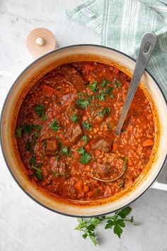 a large pot filled with stew and garnished with parsley on the side