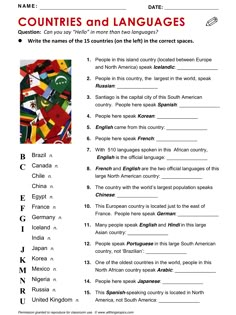 the countries and languages worksheet is shown in this image, it has been used to