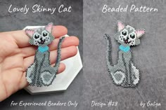 a hand holding a beaded cat brooch and an image of it being held by someone