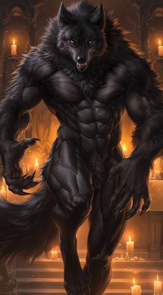 an illustration of a black wolf standing on its hind legs with candles in the background