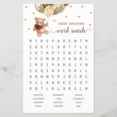 a baby shower word search game with teddy bears and gold foil balloons on the top