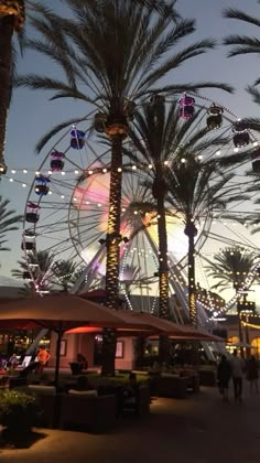 the ferris wheel is lit up at night with palm trees in the foreground and people walking around