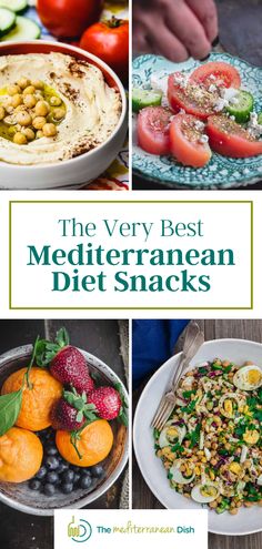 4 pictures of different Mediterranean Snacks to try Mediterranean Diet Snacks, Mediterranean Snacks, Mediterranean Diet Food List, Mediterranean Recipes Healthy, Mediterranean Diet Recipes Dinners, The Mediterranean Dish, Mediterranean Diet Meal Plan, Easy Mediterranean Diet Recipes, Mediterranean Diet Plan