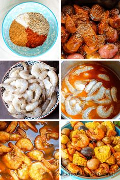 four pictures showing different types of food in bowls and on the same plate, including shrimp, corn, carrots, and spices