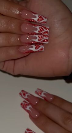 Pretty Valentines Nails, Acrylic Nail Designs2023, Clear Acrylic Nails With Design Ideas, Milky White Nails With Pink Design, Valentine Nails Long Coffin, Mexican Core Aesthetic Nails, Hot Valentines Nails, Valentine Nails With Gems, 111 Nails Design