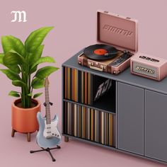 an old record player, guitar and plant on top of a cabinet with vinyl records