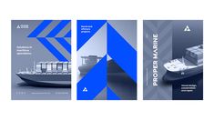 three different brochures designed to look like shipping containers and cargo ships are shown