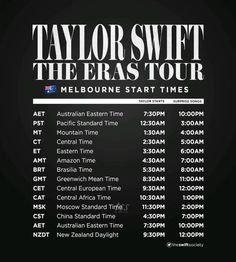 the tour poster for taylor swift and the eras tour, with dates in white on black