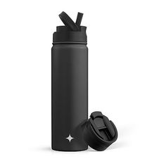 a black water bottle with two straws sticking out of it's top and lid