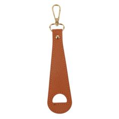 an orange leather keychain with a metal hook on the front and back end