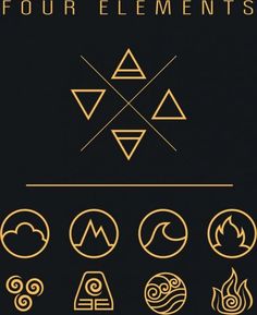 four elements in the form of symbols on a black background with gold lettering and an image of