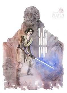 a watercolor painting of a man with a light saber