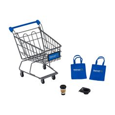 a shopping cart with two bags next to it