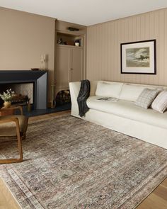 a living room filled with furniture and a rug on top of a hard wood floor